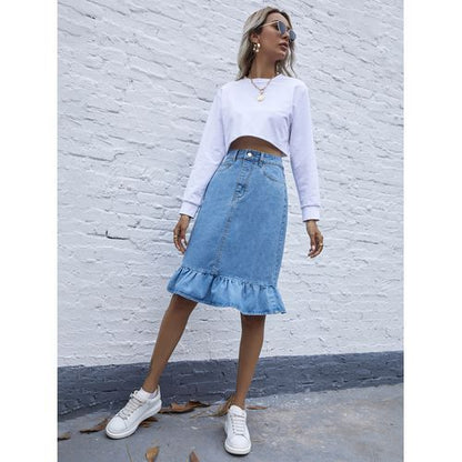 Ins Fashion High Waist Flounce Denim Women Skirts