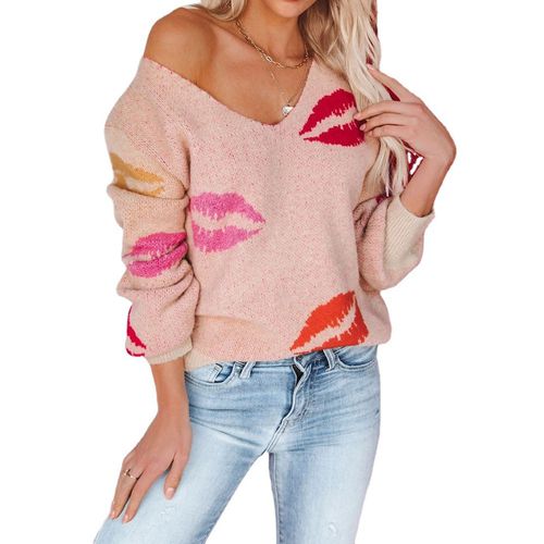 Women KISS Lips V-neck Pullover Sweater