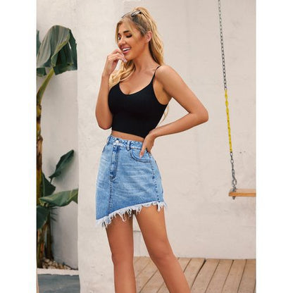 Ins Fashion High Waist Daily Rolled Edge Denim Short Women Skirts