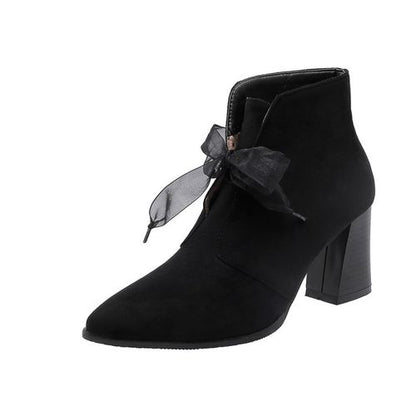 Women Suede Ribbon High Heels Short Boots