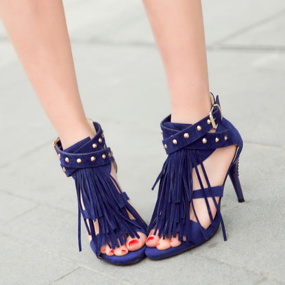 Women Tassel Rivets Peep Toe Stiletto Heels Sandals