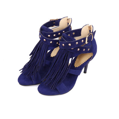 Women Tassel Rivets Peep Toe Stiletto Heels Sandals