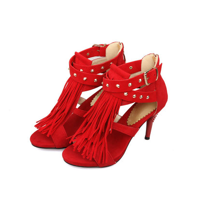 Women Tassel Rivets Peep Toe Stiletto Heels Sandals