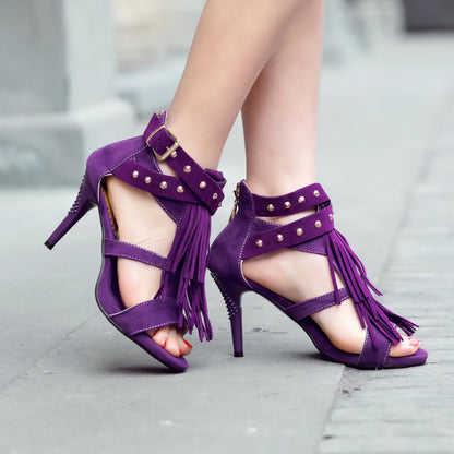 Women Tassel Rivets Peep Toe Stiletto Heels Sandals