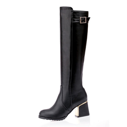 Women Buckle Chunky High Heel Knee High Boots