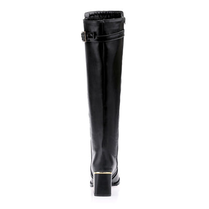 Women Buckle Chunky High Heel Knee High Boots