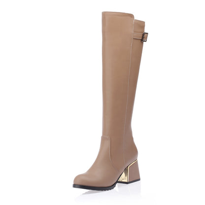 Women Buckle Chunky High Heel Knee High Boots