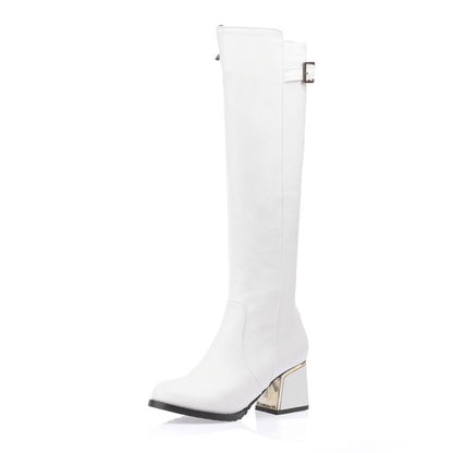 Women Buckle Chunky High Heel Knee High Boots