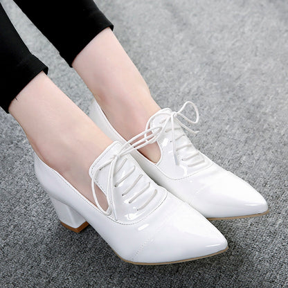 Women Pointed Toe Lace Up Chunky Heel Pumps