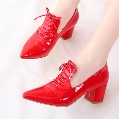 Women Pointed Toe Lace Up Chunky Heel Pumps