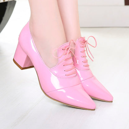 Women Pointed Toe Lace Up Chunky Heel Pumps