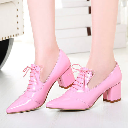 Women Pointed Toe Lace Up Chunky Heel Pumps