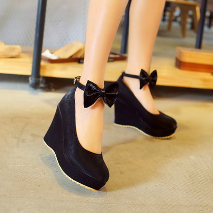 Women Ankle Strap Bowtie Platform Wedges High Heel Pumps