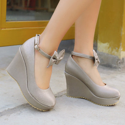 Women Ankle Strap Bowtie Platform Wedges High Heel Pumps