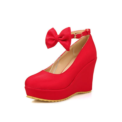 Women Ankle Strap Bowtie Platform Wedges High Heel Pumps