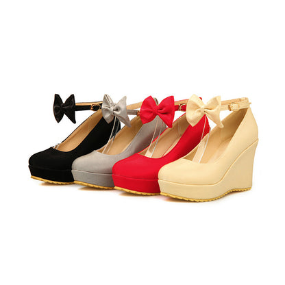 Women Ankle Strap Bowtie Platform Wedges High Heel Pumps