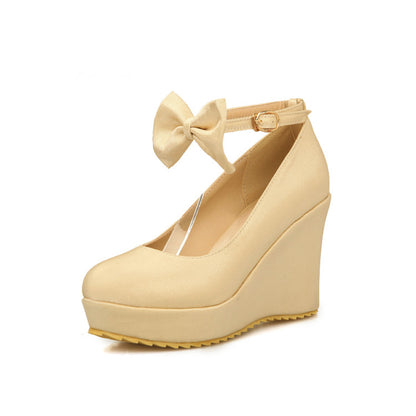 Women Ankle Strap Bowtie Platform Wedges High Heel Pumps