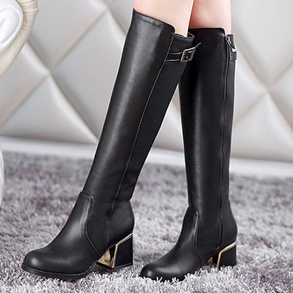 Women Buckle Chunky High Heel Knee High Boots