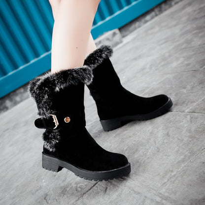 Women Fur Buckle Belt Block Heel Snow Boots