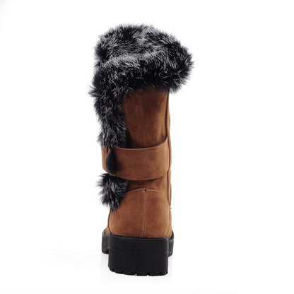 Women Fur Buckle Belt Block Heel Snow Boots