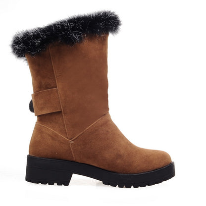 Women Fur Buckle Belt Block Heel Snow Boots