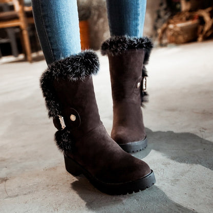 Women Fur Buckle Belt Block Heel Snow Boots