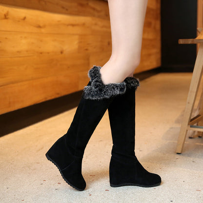 Women Fur Wedges Heels Knee High Snow Boots