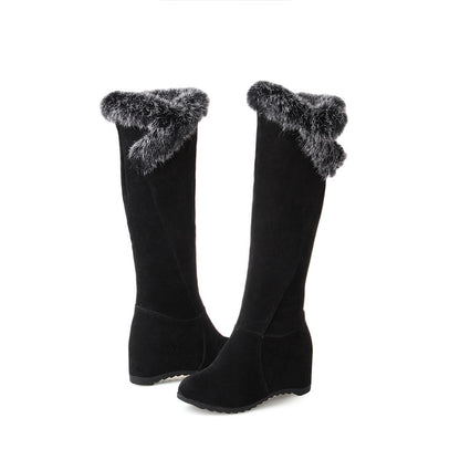 Women Fur Wedges Heels Knee High Snow Boots