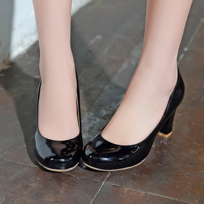 Women Patent Leather Block Heels Pumps