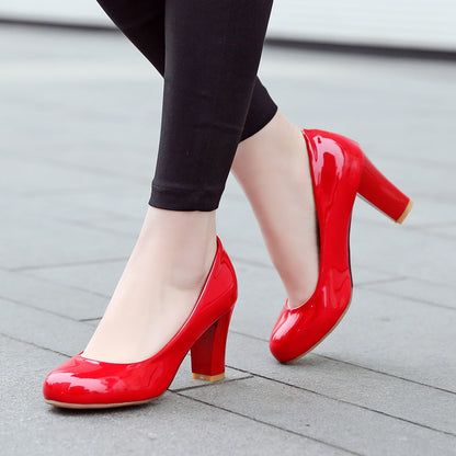 Women Patent Leather Block Heels Pumps