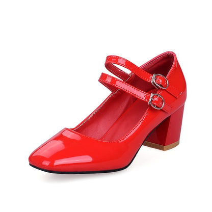 Women Patent Leather Block Heels Pumps