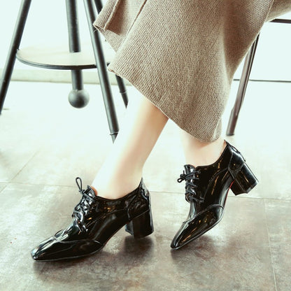 Women Patent Leather Lace Up Chunky High Heels