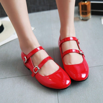 Women Double Buckle Mary Jane Block Heels Pumps