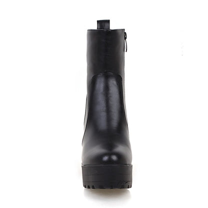 Women Pu Leather Round Toe Block Heel Platform Short Boots