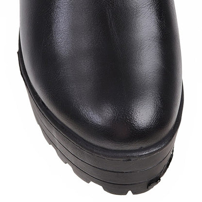 Women Pu Leather Round Toe Block Heel Platform Short Boots