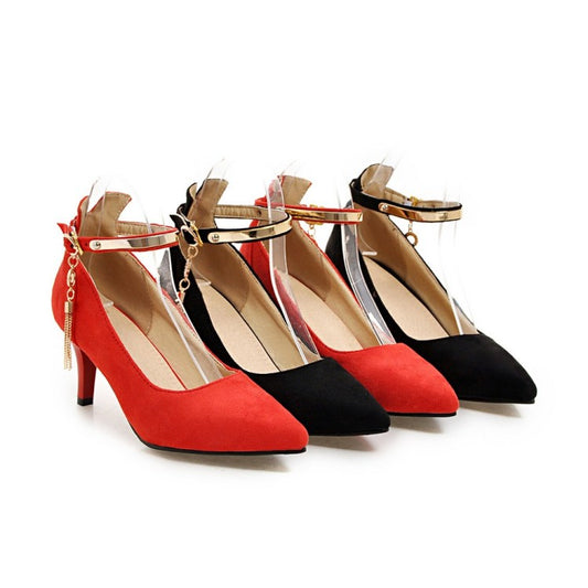 Pointed Toe Metal Ankle Strap Women High Heels Stiletto Pumps