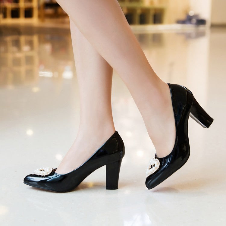 Women Pearl Block Heels Pumps Wedding Shoes