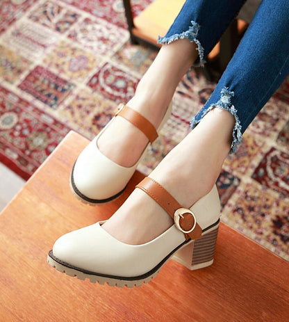 Women Buckle Belt High Heels Chunky Pumps