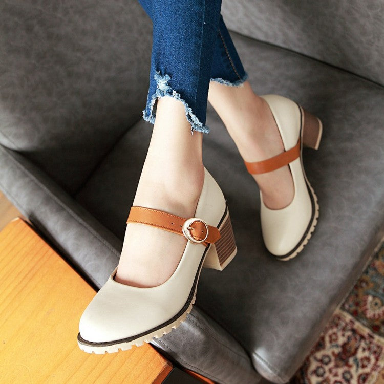 Women Buckle Belt High Heels Chunky Pumps