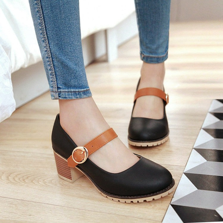 Women Buckle Belt High Heels Chunky Pumps