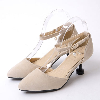 Women High Heels Suede Ankle Strap Pearls Spool Heel Stiletto Sandals