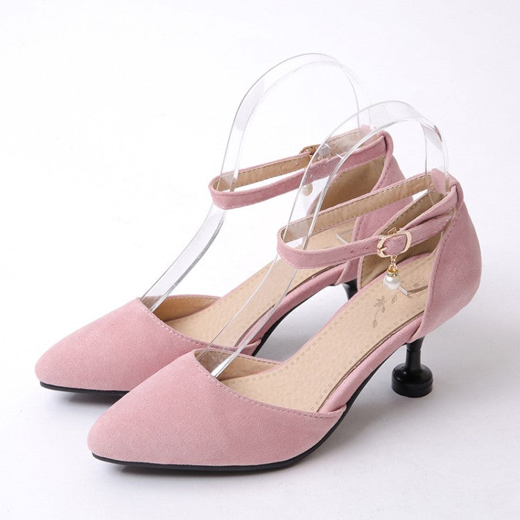 Women High Heels Suede Ankle Strap Pearls Spool Heel Stiletto Sandals