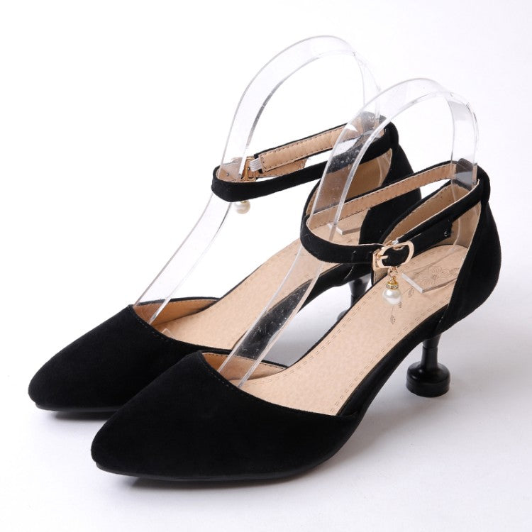 Women High Heels Suede Ankle Strap Pearls Spool Heel Stiletto Sandals