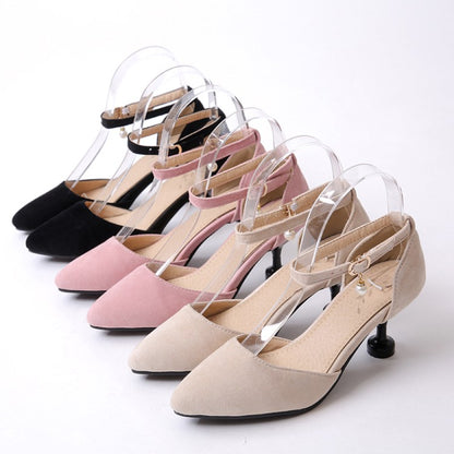 Women High Heels Suede Ankle Strap Pearls Spool Heel Stiletto Sandals