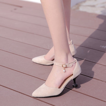 Women High Heels Suede Ankle Strap Pearls Spool Heel Stiletto Sandals