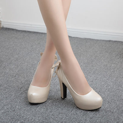 Women Back Bowtie Chunky Platform Pumps High Heels Shoes