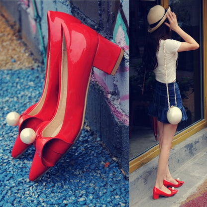 Women Bowtie Pearl Chunky Heel Pumps