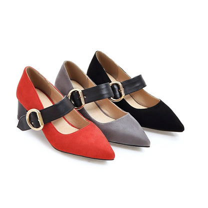 Women Pointed Toe Mary Jane Block Heels Pumps