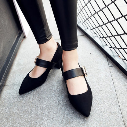 Women Pointed Toe Mary Jane Block Heels Pumps