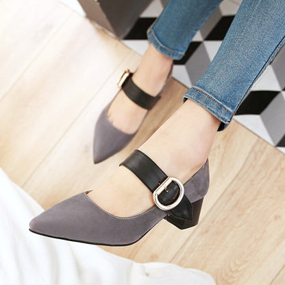 Women Pointed Toe Mary Jane Block Heels Pumps